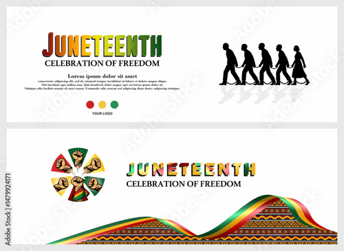 Juneteenth Celebration of Freedom Banner. featuring elements of African American heritage with symbols of slave freedom, freedom fists, broken chains, and traditional colors, symbolizing emancipation.