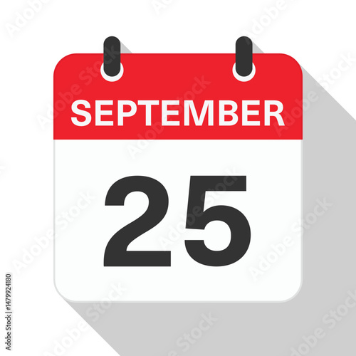 September 25 Daily Calendar. Red Theme on White Background