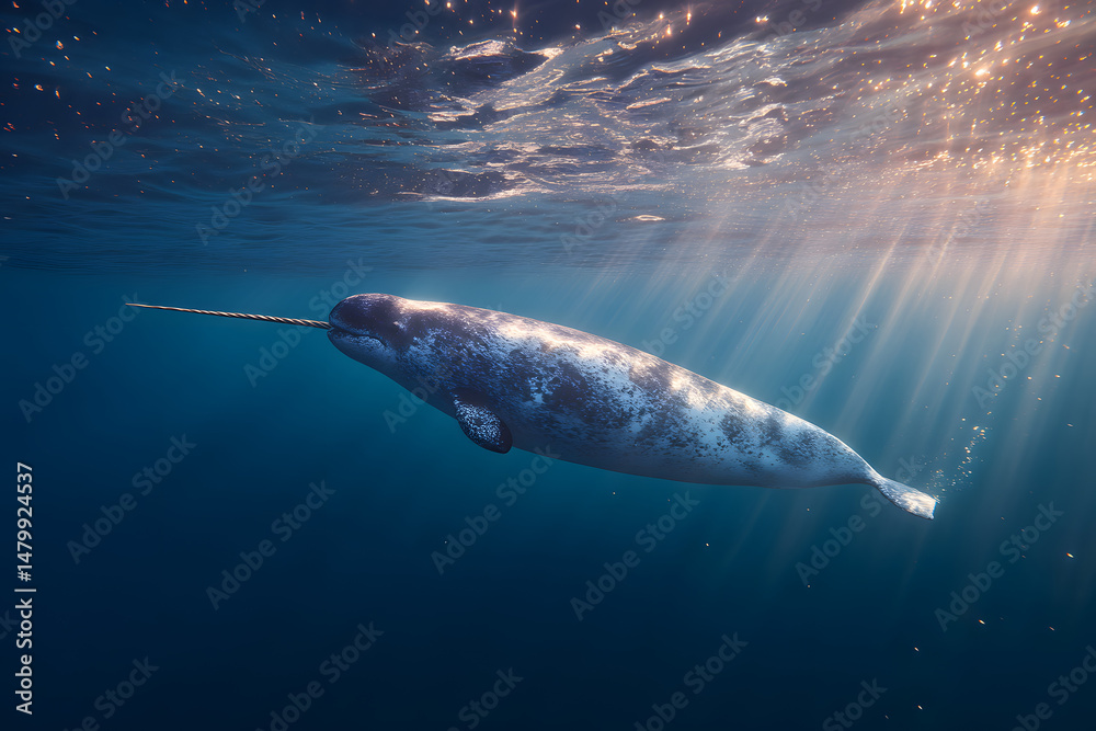 Fototapeta premium A narwhal swimming gracefully beneath the ocean surface.