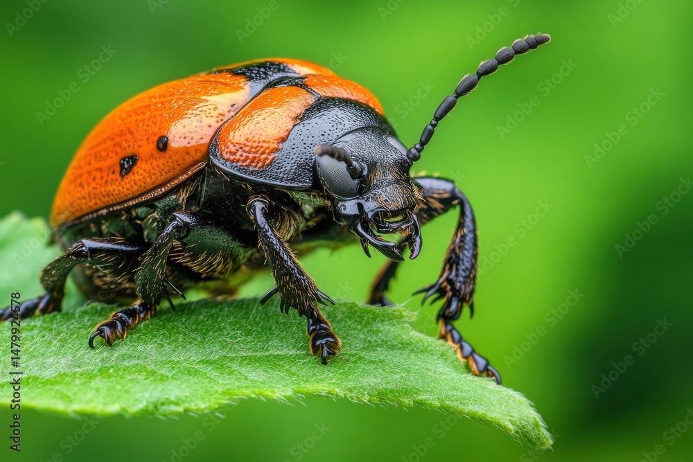 Naklejka premium Big insect crawling and feeding on a plant, leaf hole details shown