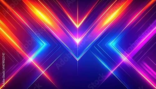 Vibrant Abstract Digital Background With Neon Geometric Shapes And Light Rays In Purple And Orange
