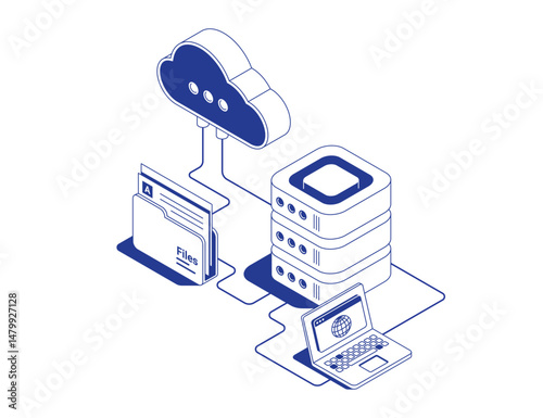 Cloud server data management with laptop, server rack and document folder connected to cloud storage by data flows in isometric line contour vector illustration.