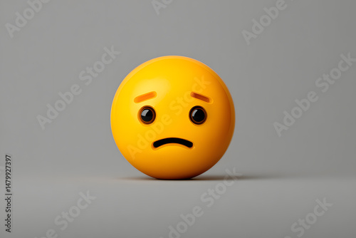 Bright yellow sad emoji with a frown and raised eyebrows against a gray background conveying a sense of disappointment or sadness