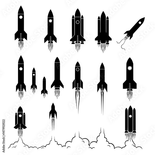 rocket launch icon set vector silhouettes illustration. Rocket Launch Sequence Vector Set – Stages of Spacecraft Liftoff with Smoke, Fire, and Launchpad Icons for Space Exploration. 