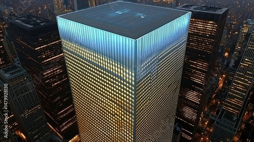Aerial view of illuminated skyscraper in NYC at night. Possible stock photo use showcasing modern architecture photo