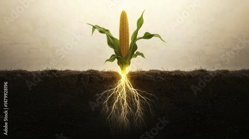 Corn plant growing from soil roots