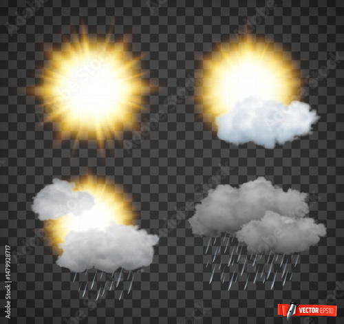 Vector realistic illustration of weather icons on a transparent background.