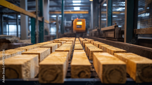 AI generator image of industrial plant, wood processing,woodworking sawmill production and processing of wooden boards in a modern industrial factory assembly line in production wooden floor factory
