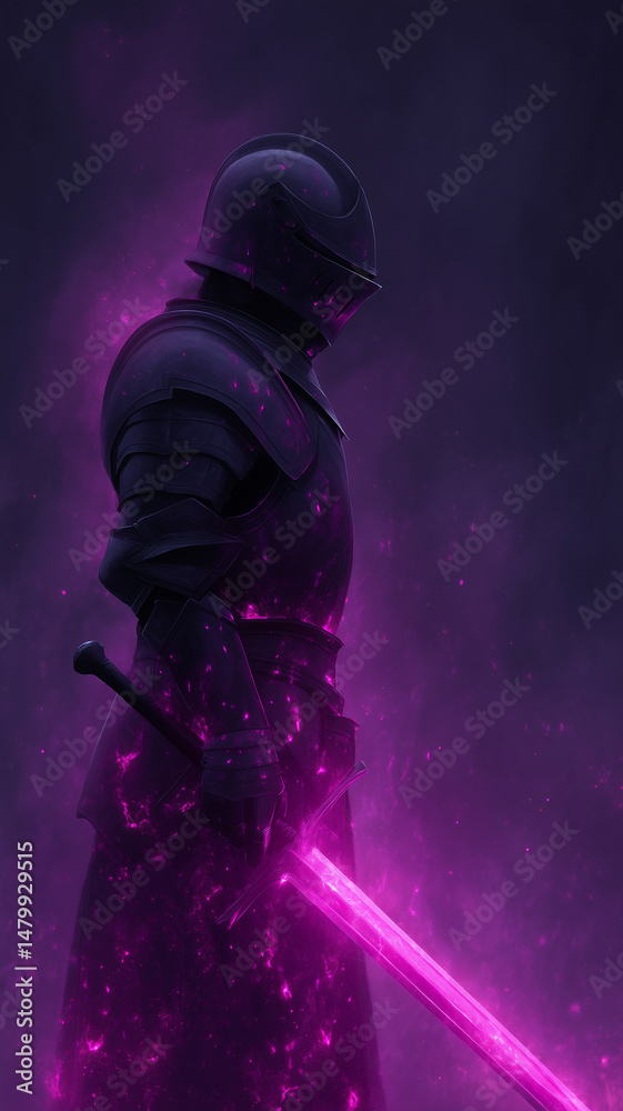 Fototapeta premium Knight in cosmic armor stands boldly, radiating mystical aura with glowing sword