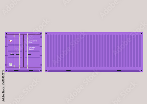 Front and side views of a cargo container is displayed, showcasing bold colors and intricate lines, This captures the meeting point of industry and artistry in shipping