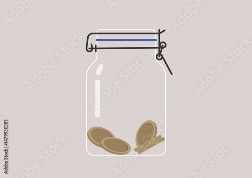 A transparent jar elegantly locked, showcasing a handful of coins resting at the bottom, This setting symbolizes the journey of savings over time, capturing aspirations