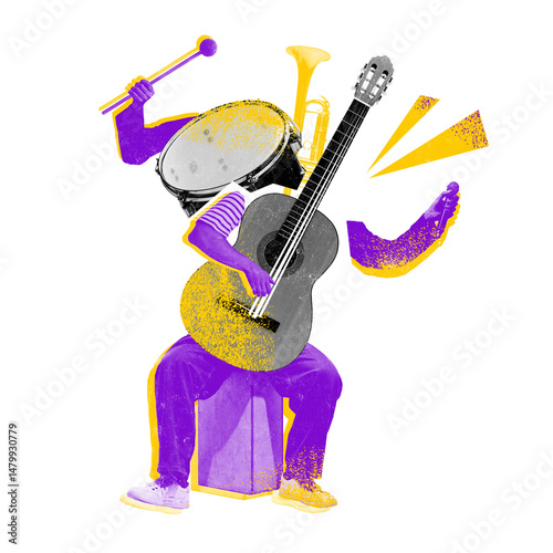 Abstract figure composed of guitar, drum, trumpet, and cymbals in purple-yellow tones, creative fusion of jazz and folk. Concept of music, festival, surrealism, creative poster, ads. Photocopy effect photo