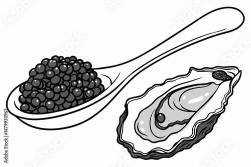 1 black caviar on white spoon, black caviar in oyster shell, closeup, high detail, studio lighting, hyper-realistic, 8K resolution