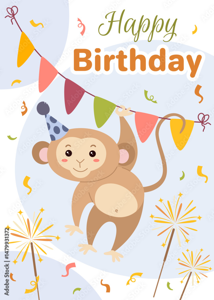Fototapeta premium Birthday greeting card with cute cheerful monkey. Vector illustration for birthday card, poster, birthday decoration.
