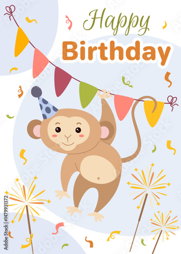 Birthday greeting card with cute cheerful monkey. Vector illustration for birthday card, poster, birthday decoration.