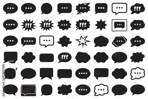 A vector set presents a black and white icons collection with transport, weather, and speech bubble design elements in silhouette and outline shapes