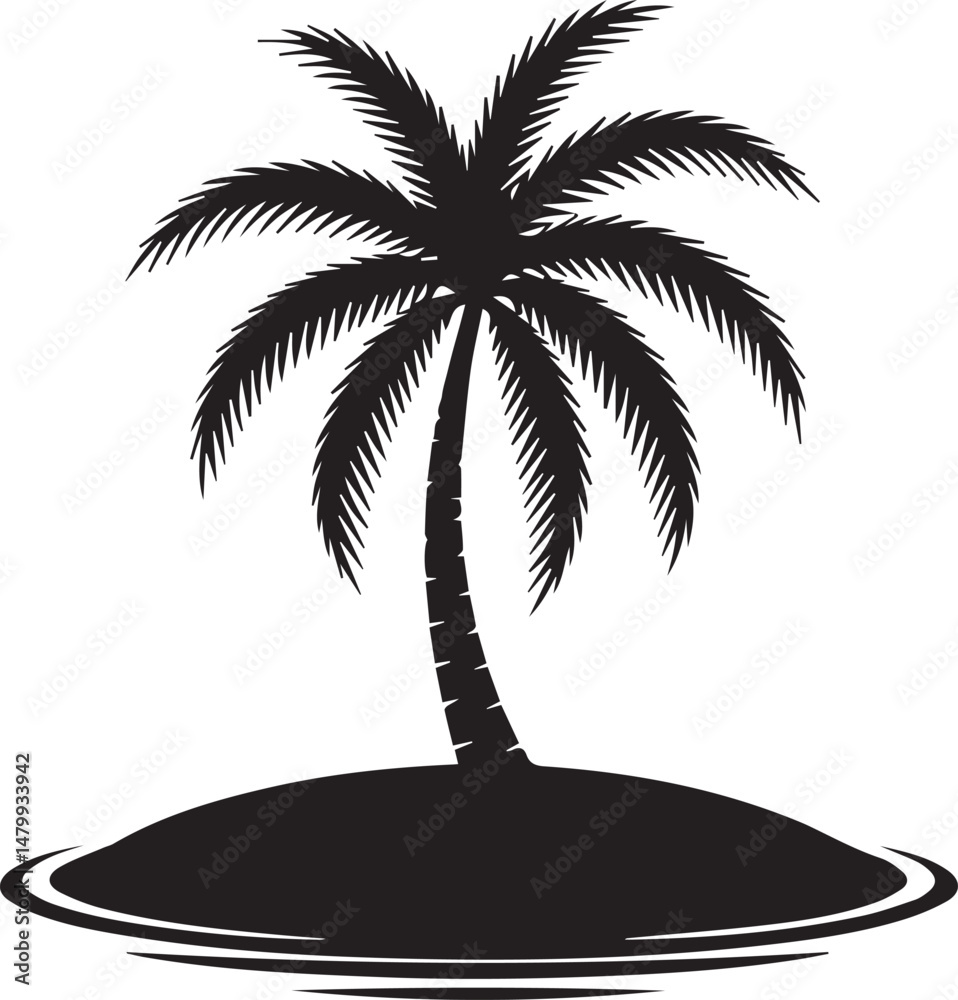 Fototapeta premium Tropical island paradise a vector illustration of a palm tree silhouette on a sandy beach under the summer sun