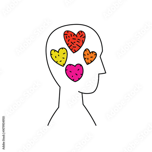 Head with hearts symbolizing emotional growth, empathy.