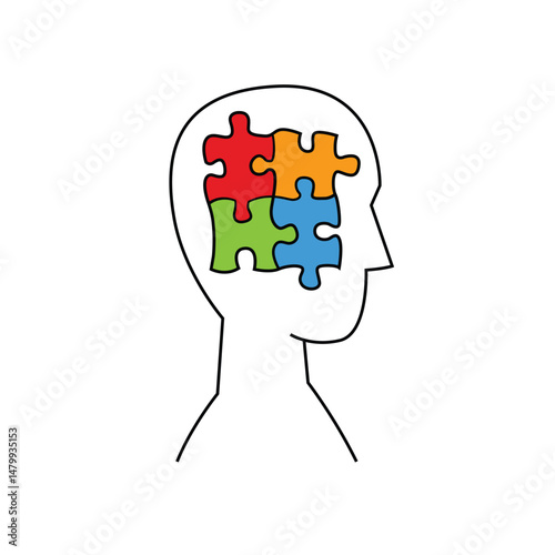 Head with puzzle pieces icon. Autism, neurodivergent thinking pictogram.