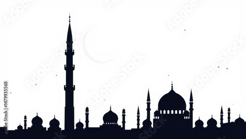 Silhouette of Mosque Skyline at Night with Crescent Moon