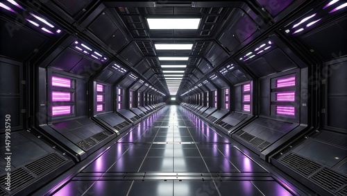 Fototapeta Naklejka Na Ścianę i Meble -  Futuristic Spaceship Corridor with Purple Neon Lights and Reflective Floor