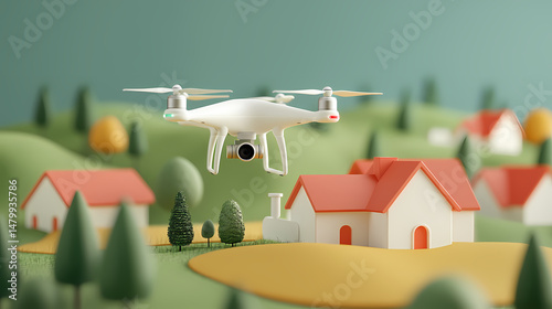 Wallpaper Mural A drone flies over a model village with houses, trees, and rolling hills in a stylized, colorful landscape. Torontodigital.ca