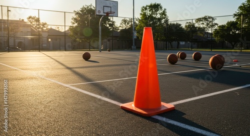 Orange traffic cone on a basketball court at dawn