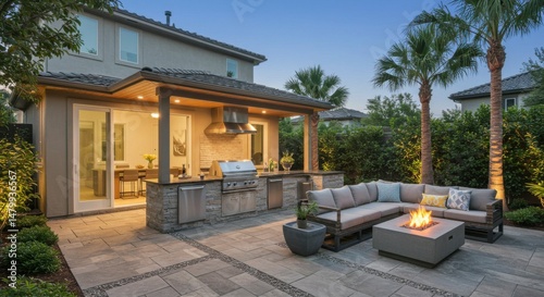 Modern outdoor kitchen with fire pit and comfortable seating area under a covered patio