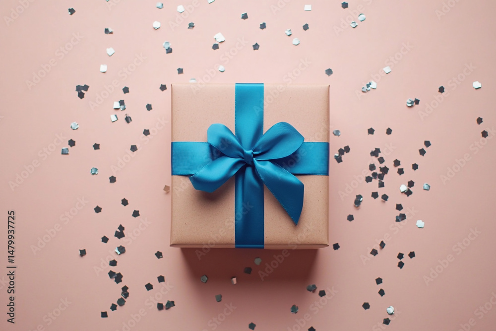 Obraz premium Gift box with blue ribbon and silver confetti on pink background