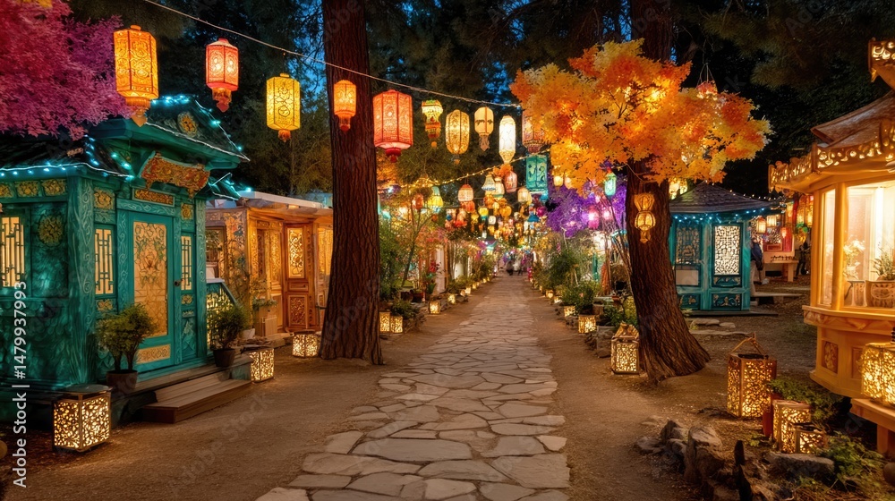 Fototapeta premium Enchanting night event in a village with glowing lanterns nature pathway magical ambiance