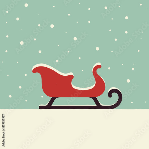Red sleigh on snowy background with falling snowflakes  