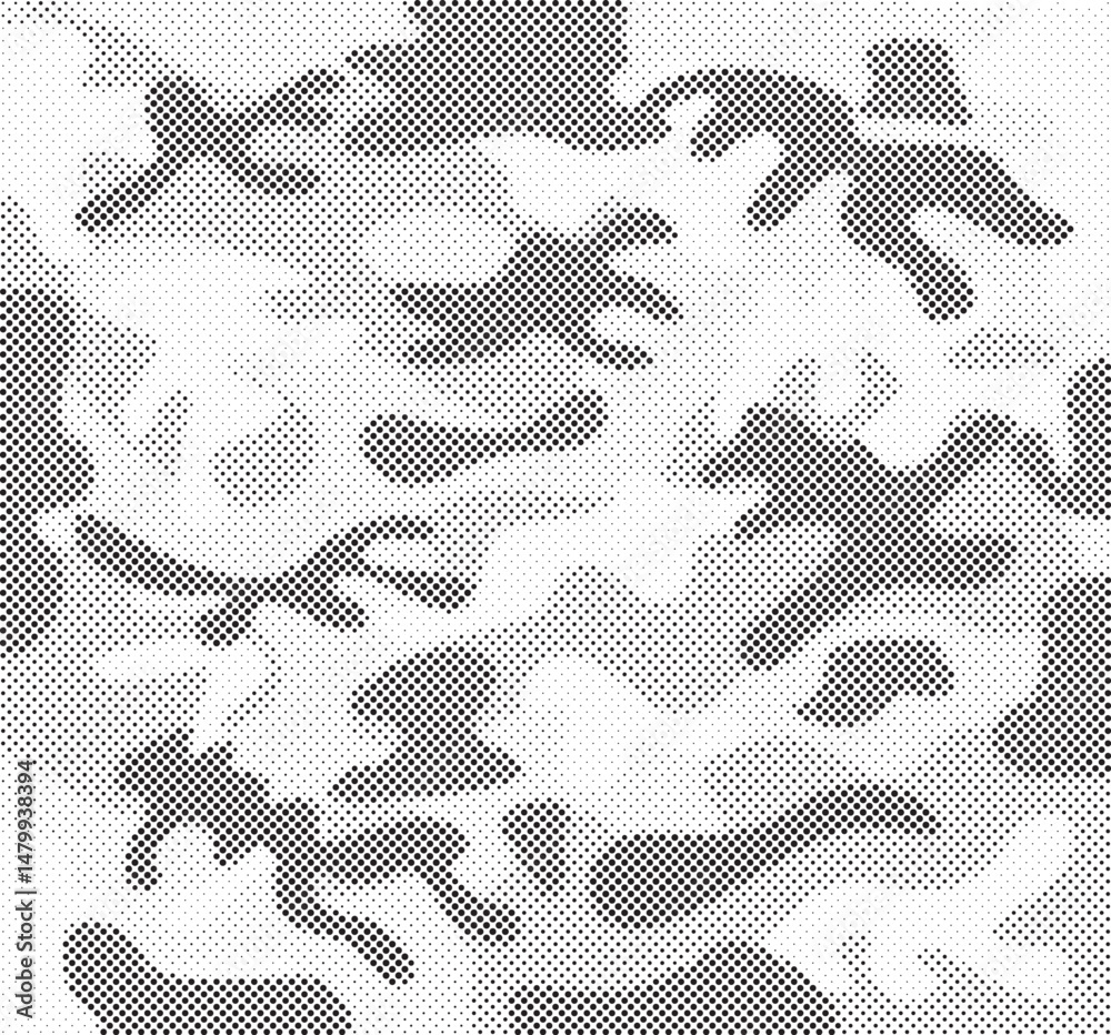Fototapeta premium Abstract halftone seamless camouflage pattern. Repeating digital dotted hexagonal camo military texture background. Abstract modern fabric textile ornament. Vector illustration.