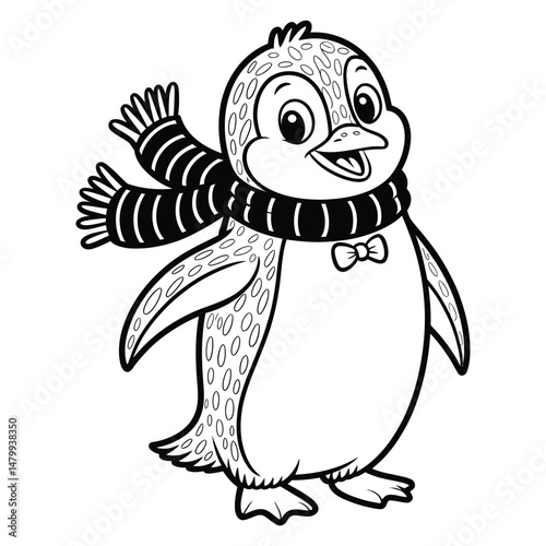 Cartoon penguin with scarf Coloring Page, Silhouette, Vector, Illustration, Icon, Logo, White Background.