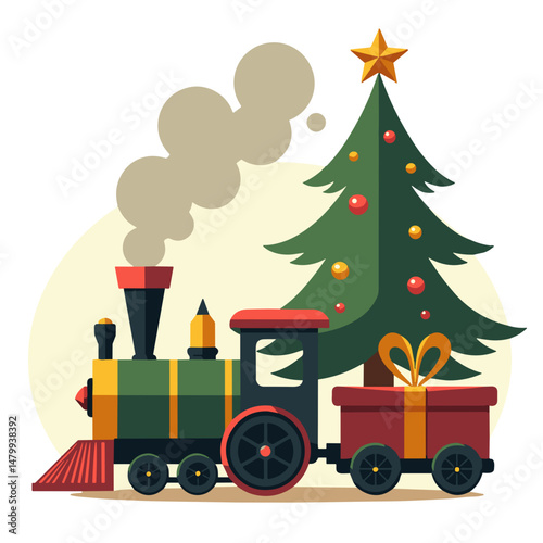 Christmas train carrying gifts beside decorated evergreen tree  
