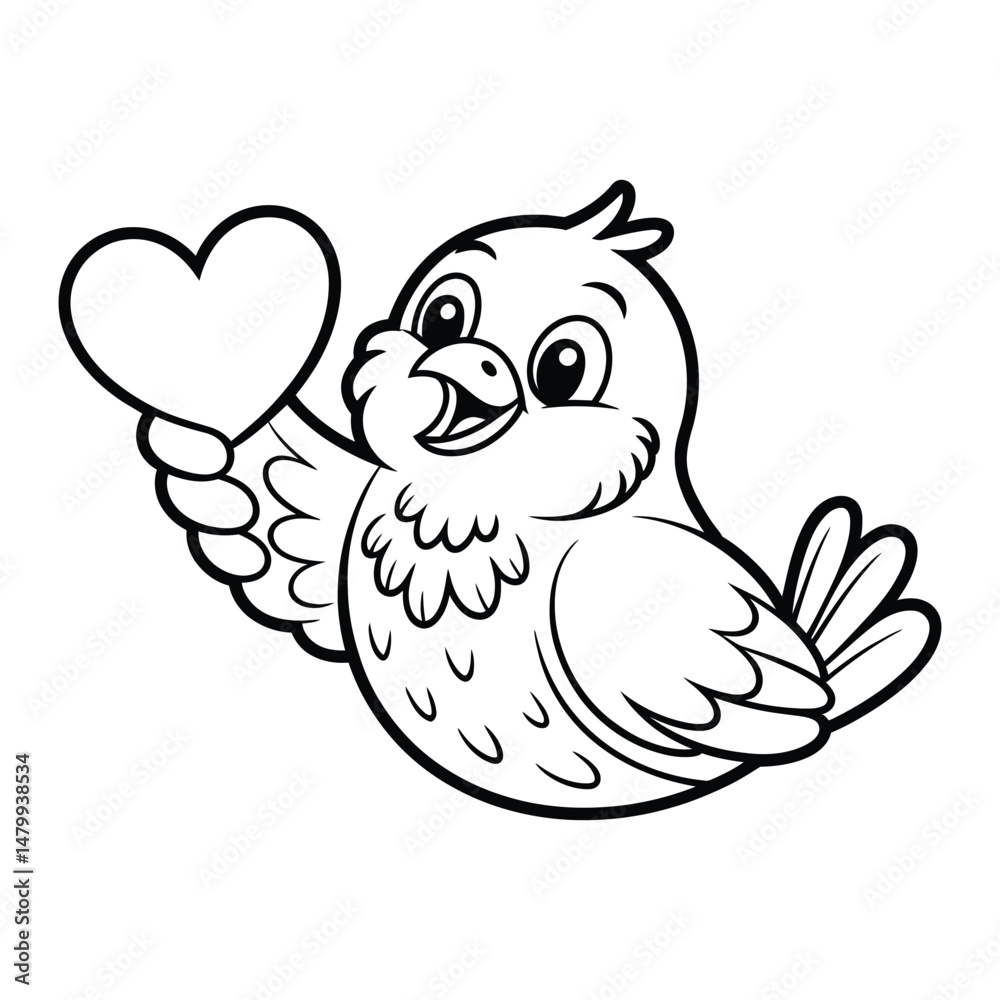 Fototapeta premium Chubby bird holding heart Coloring Page, Silhouette, Vector, Illustration, Icon, Logo, White Background.