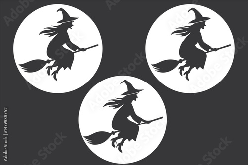 Flying Witch Silhouettes – Halloween Vector of Three Witches on Broomsticks