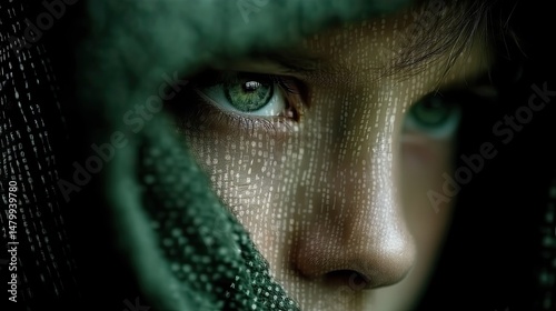 Close-up of an urban hacker digital art with glowing screen reflections and a mysterious atmosphere