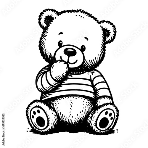 Cute brown cartoon teddy bear sitting on a chair with a toy, a plush illustration of childhood love