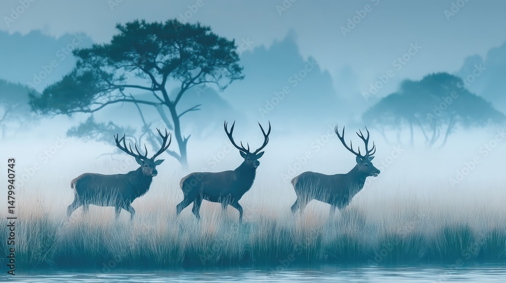 Obraz premium Deer in a misty nature reserve at dawn serene landscape tranquil environment captivating viewpoint