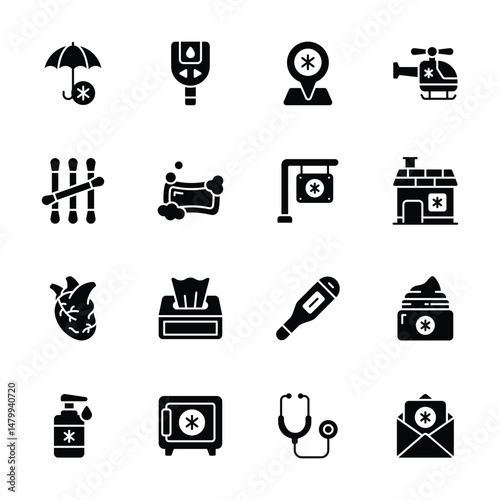 Grab this amazing glyph collection depicting healthcare services icons
