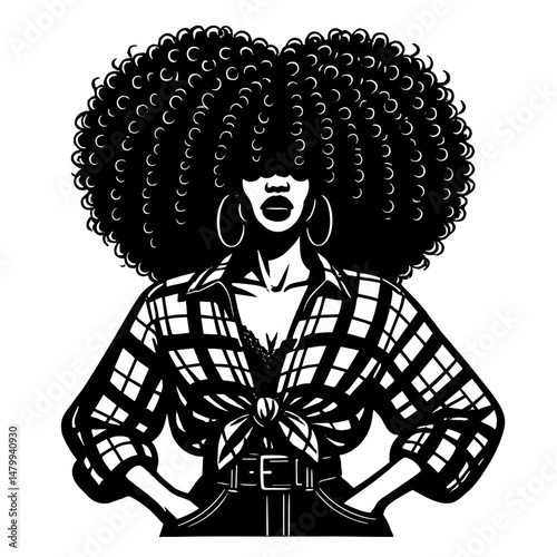 Black and white vector illustration of a confident woman with large curly afro hair, hoop earrings, and plaid shirt in bold fashion style

