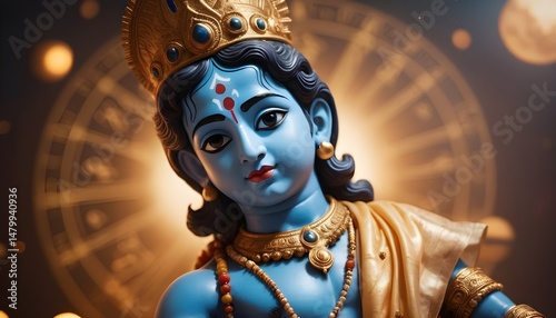 Divine Lord Krishna with Golden Astrology Zodiac Background | AI Generated Spiritual Hindu Art in Vibrant Colors
