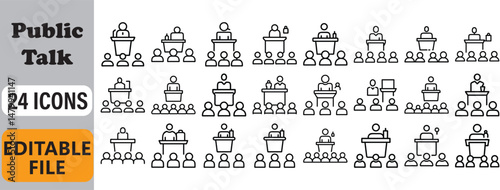 Collection of outline icons representing public talk presentations and audience interactions