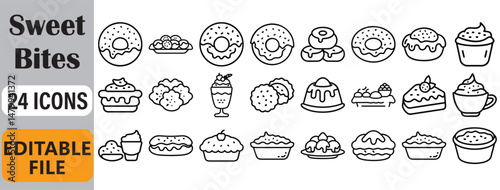 Collection of twenty four black and white dessert icons editable file for design projects