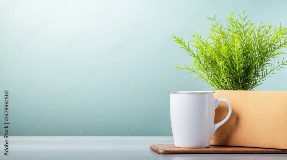 Obraz premium Minimalist Still Life with Green Plant in White Mug and Pot on Light Wooden Surface against Soft Blue Background for Contemporary Home Decor Design