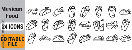 Collection of twenty four black and white minimalist mexican food icon illustrations