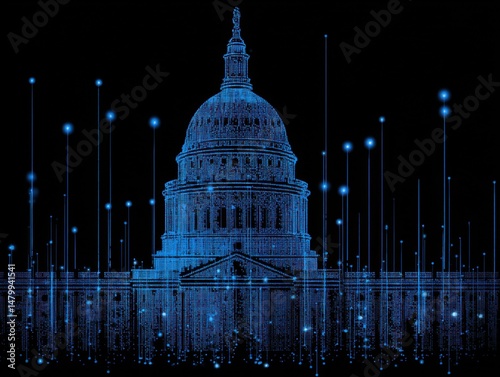 Digital United States Capitol Building in Washington DC with Data Stream in Blue on Black Background