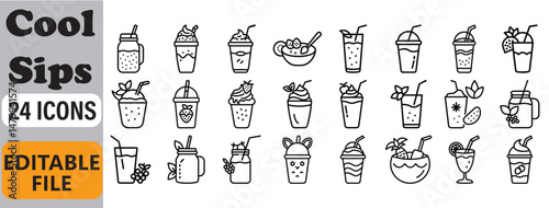 Collection of twenty four black and white summer drinks icons for various design projects