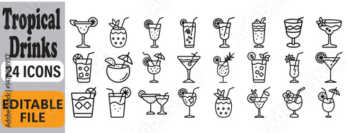 Collection of twenty four editable black and white tropical drink icons in various styles