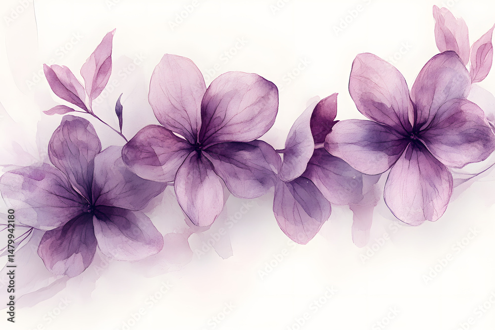 Obraz premium A white background serves as the setting for a hand-drawn watercolor illustration of a set of lilac flowers